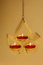 Golden Hanging Tealight Candle Holder – Lotus Design Metal Decor - Image 3